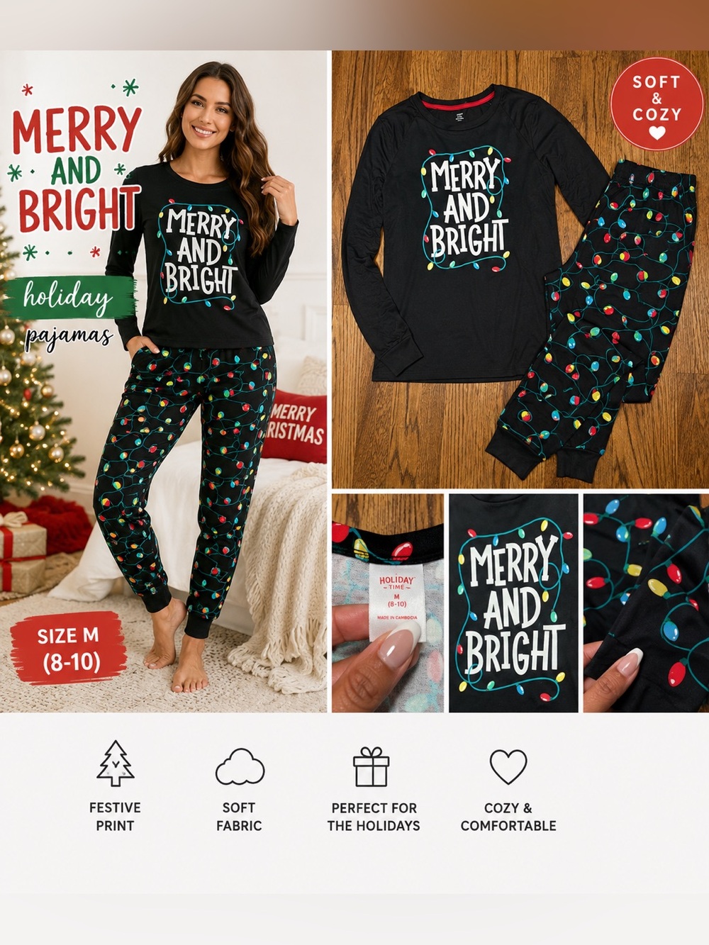 Women’s Merry & Bright Christmas Pajama Set Size M 8–10